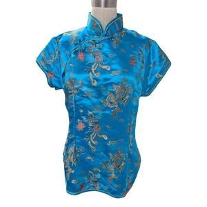 VTG Lian Lin  Qipao/Cheongsam Satin Top Turquoise Blue/Gold Sz L 5 Toe Dragons